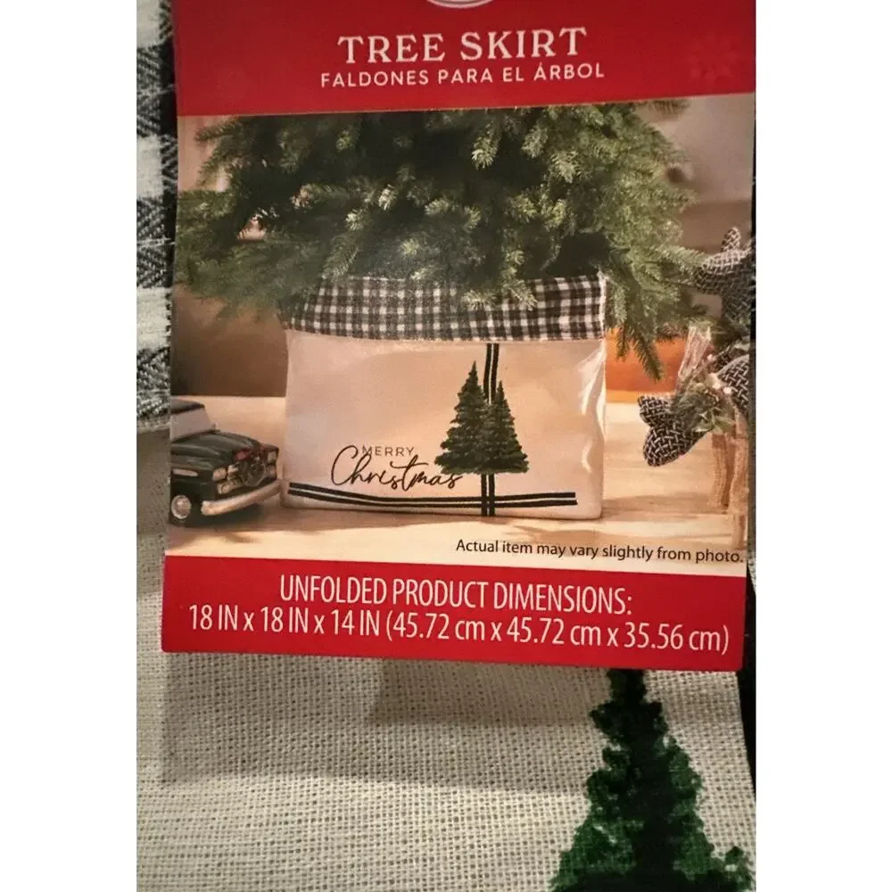 Merry Pine Tree Christmas Tree Skirt Black and White Canvas Storage Display